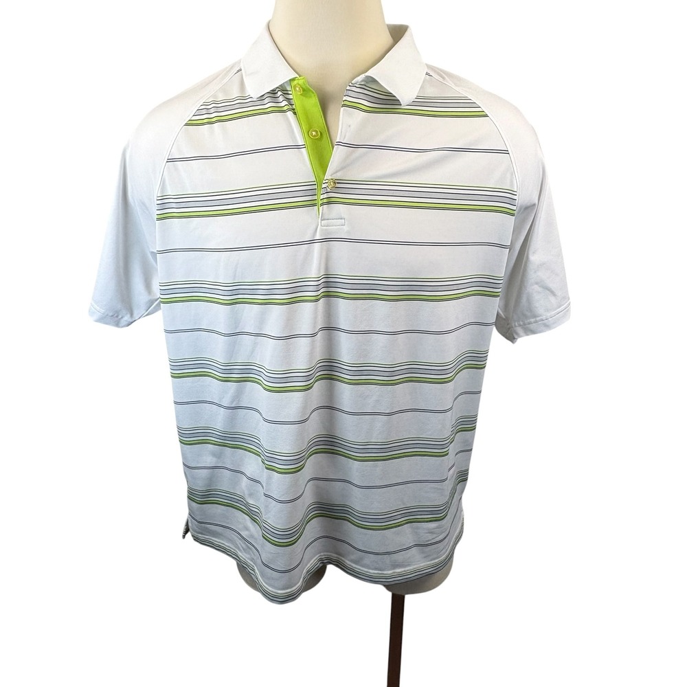 Slazenger Mens 2XL Polo Shirt White Lime Green Striped Golf Performance